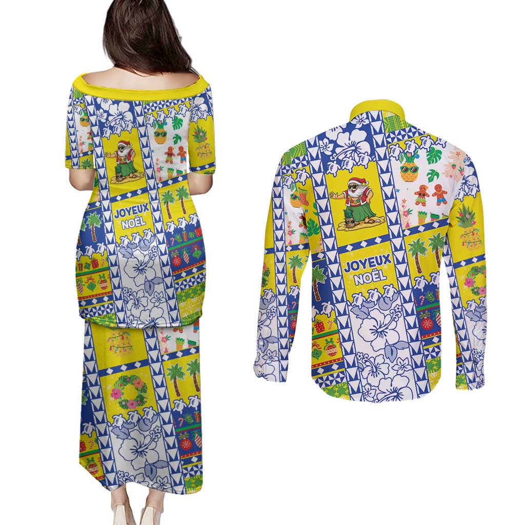 New Caledonia Christmas Couples Matching Puletasi and Long Sleeve Button Shirt Festive Beach Vibes - Polynesian Pride