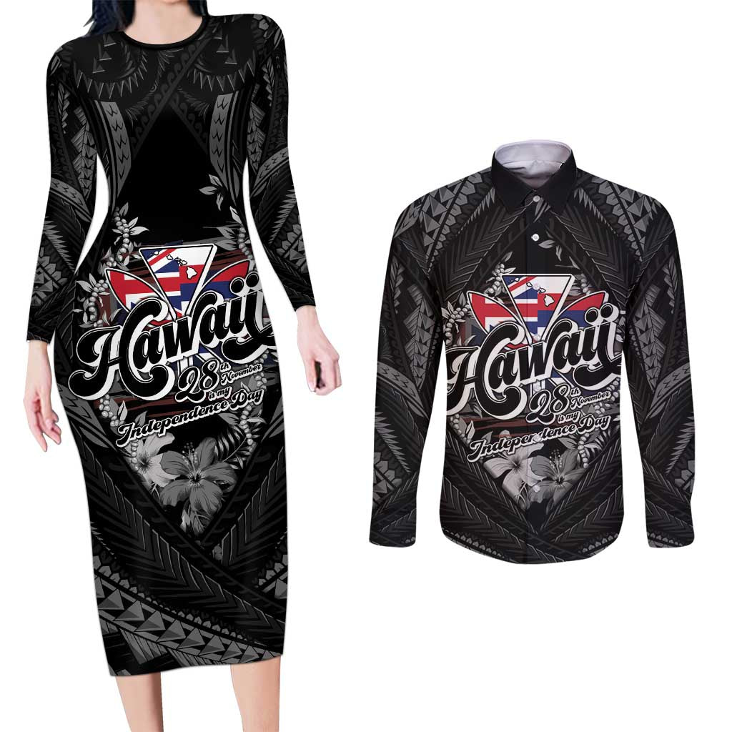 Hawaii November 28th Couples Matching Long Sleeve Bodycon Dress and Long Sleeve Button Shirt Kanaka Maoli Tribal Pattern - Polynesian Pride