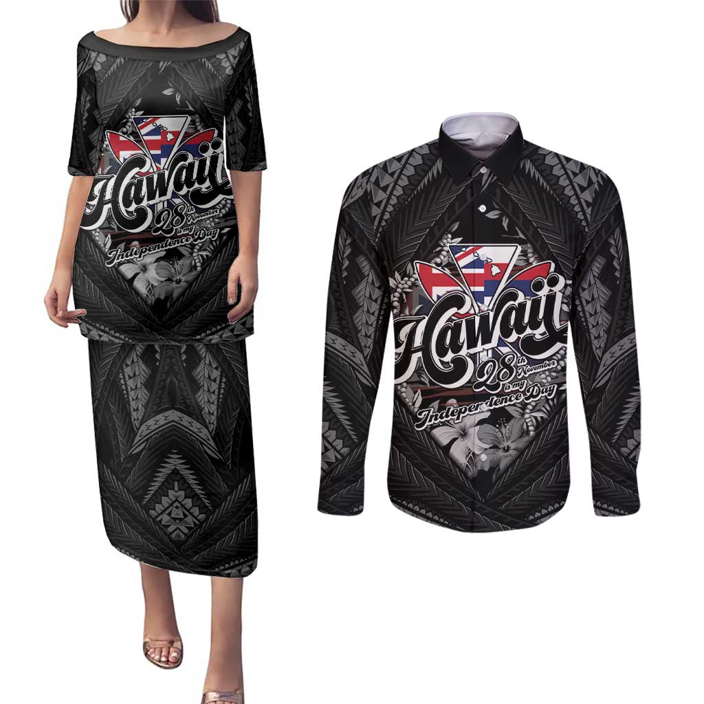 Hawaii November 28th Couples Matching Puletasi and Long Sleeve Button Shirt Kanaka Maoli Tribal Pattern - Polynesian Pride