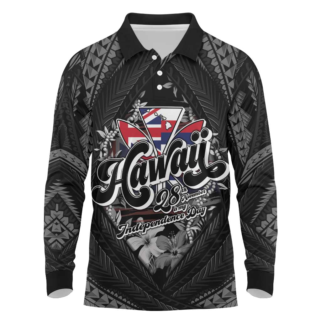 Hawaii November 28th Long Sleeve Polo Shirt Kanaka Maoli Tribal Pattern - Polynesian Pride