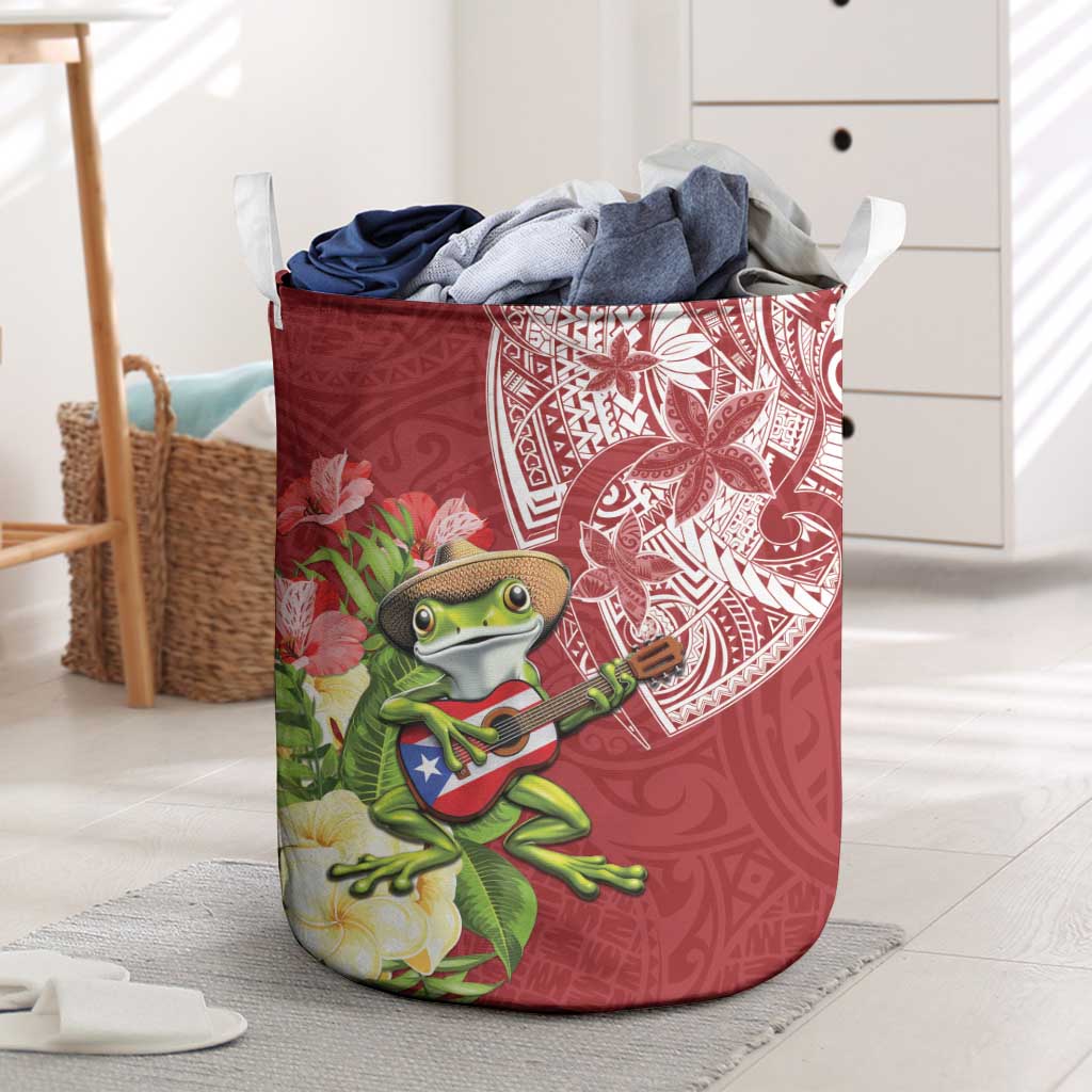 Puerto Rico Coqui Frog Laundry Basket Tropical Flowers Polynesian Style LT05 Red - Polynesian Pride