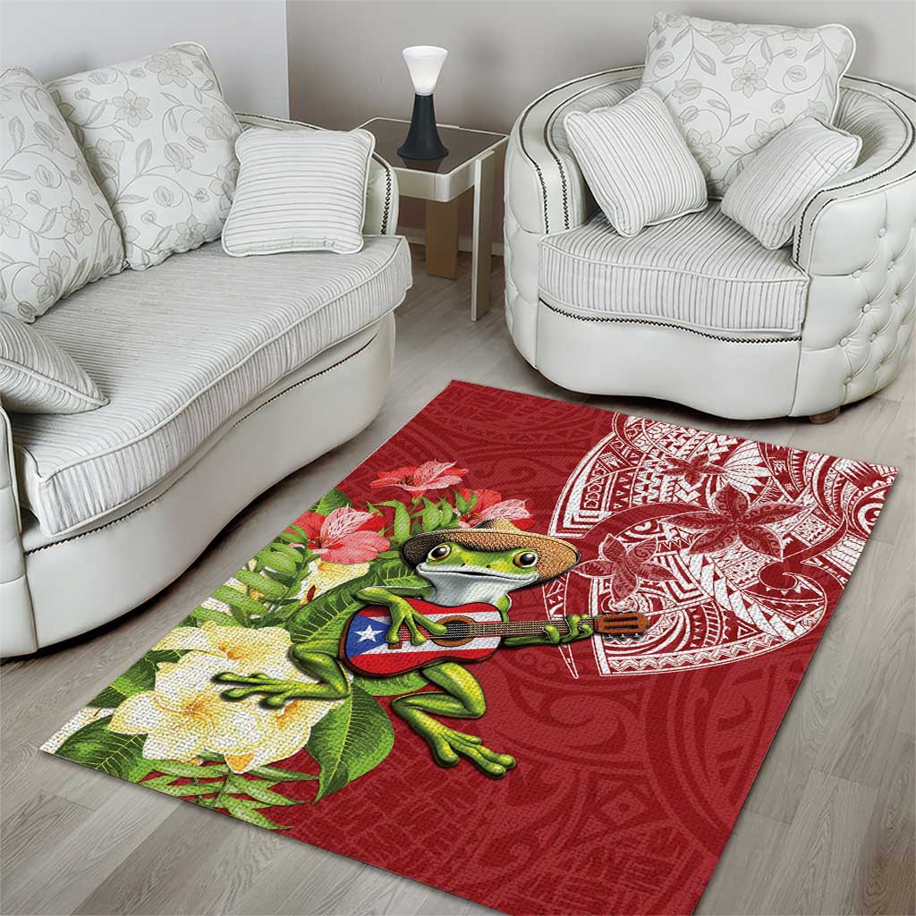 Puerto Rico Coqui Frog Area Rug Tropical Flowers Polynesian Style - Polynesian Pride