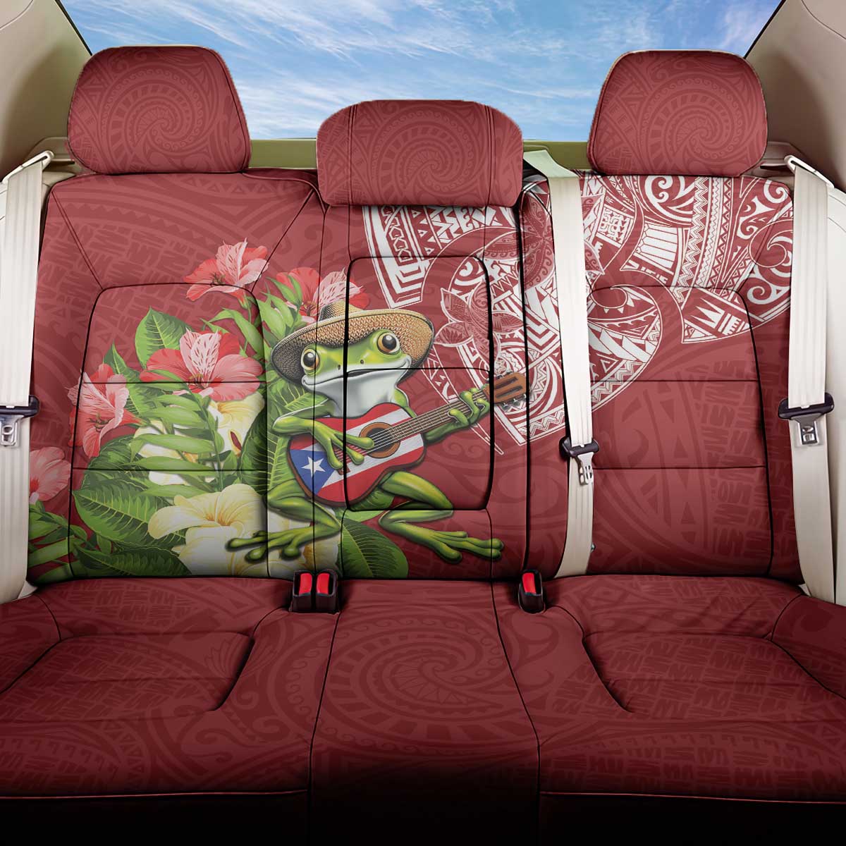Puerto Rico Coqui Frog Back Car Seat Cover Tropical Flowers Polynesian Style LT05 One Size Red - Polynesian Pride