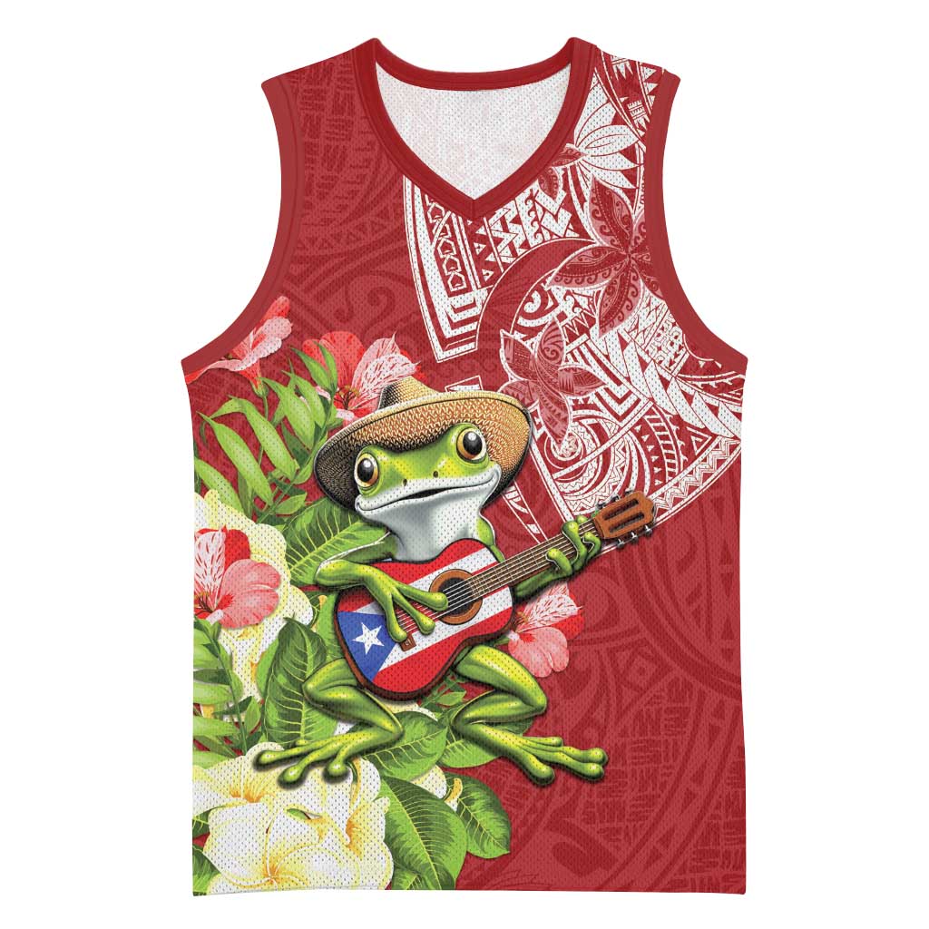 Puerto Rico Coqui Frog Basketball Jersey Tropical Flowers Polynesian Style LT05 Unisex Red - Polynesian Pride