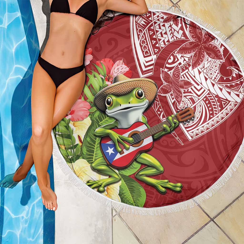 Puerto Rico Coqui Frog Beach Blanket Tropical Flowers Polynesian Style - Polynesian Pride