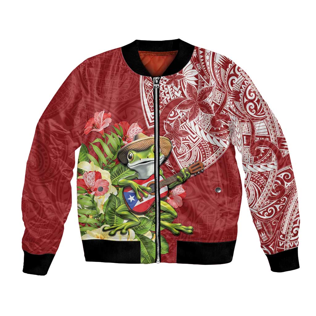 Puerto Rico Coqui Frog Bomber Jacket Tropical Flowers Polynesian Style - Polynesian Pride