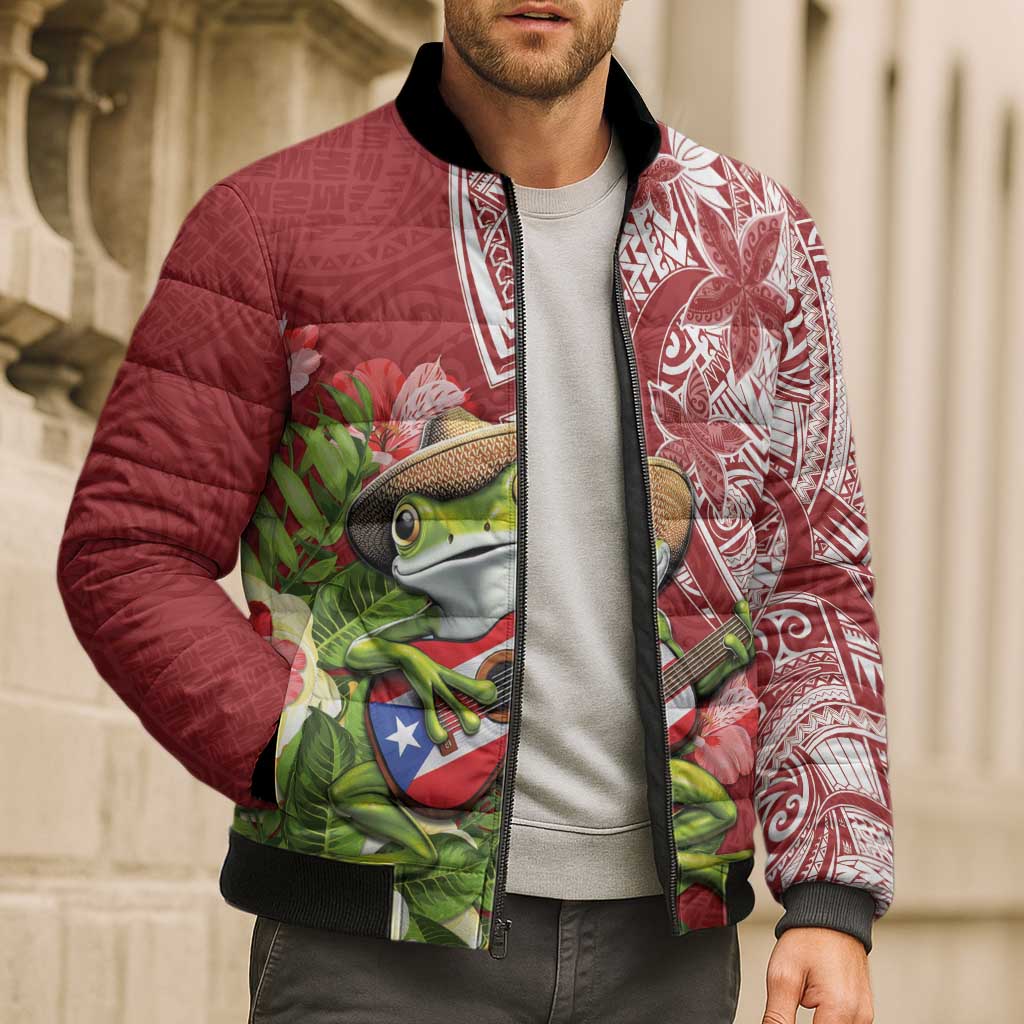 Puerto Rico Coqui Frog Bomber Puffer Jacket Tropical Flowers Polynesian Style LT05 - Polynesian Pride