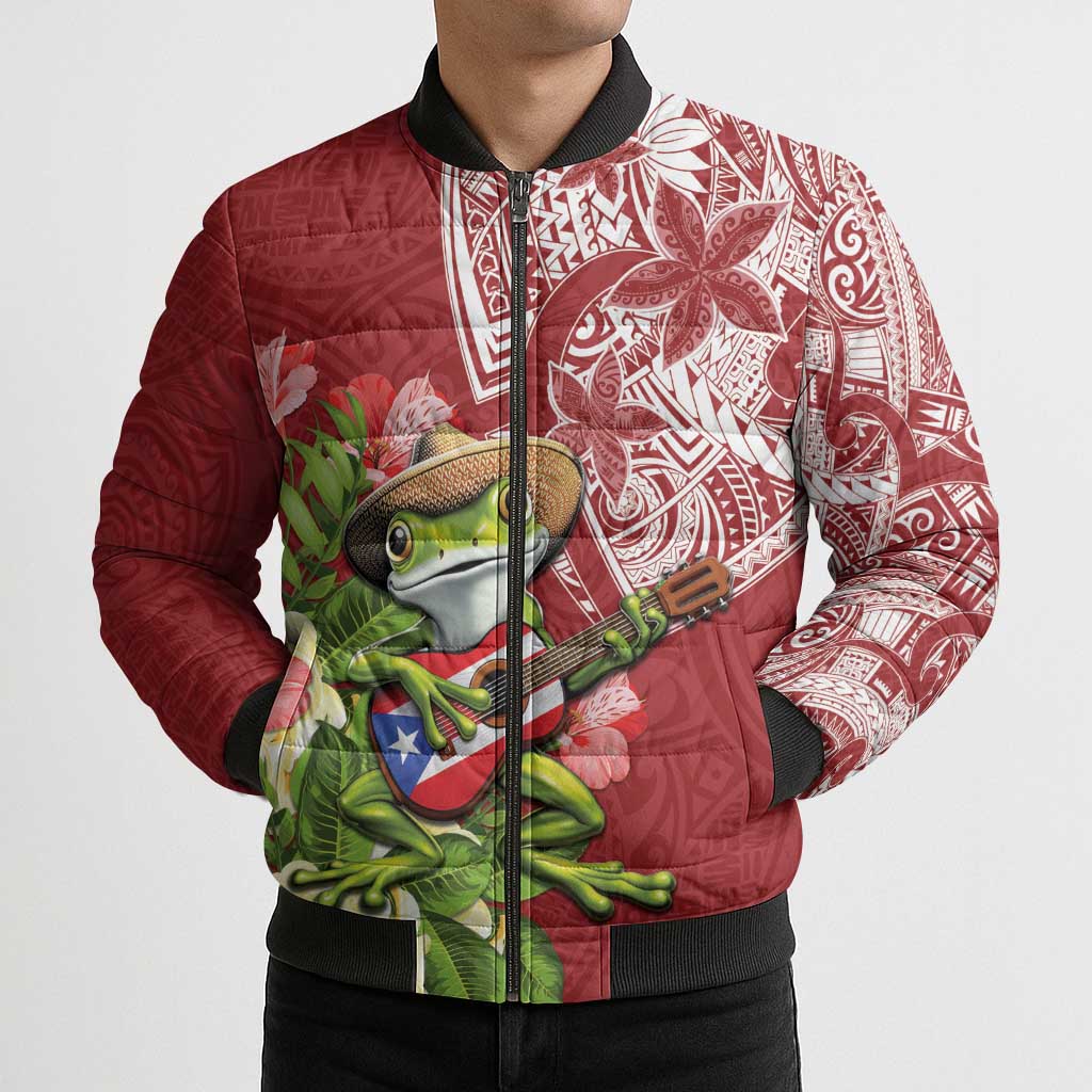 Puerto Rico Coqui Frog Bomber Puffer Jacket Tropical Flowers Polynesian Style LT05 - Polynesian Pride