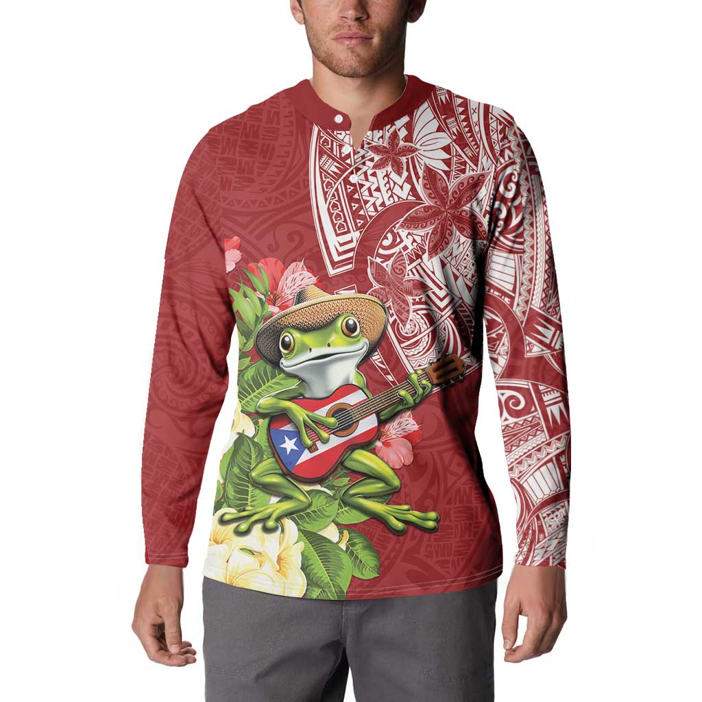 Puerto Rico Coqui Frog Button Sweatshirt Tropical Flowers Polynesian Style LT05 - Polynesian Pride