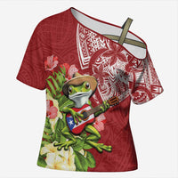 Puerto Rico Coqui Frog Cross Shoulder Shirt Tropical Flowers Polynesian Style LT05 Female Red - Polynesian Pride