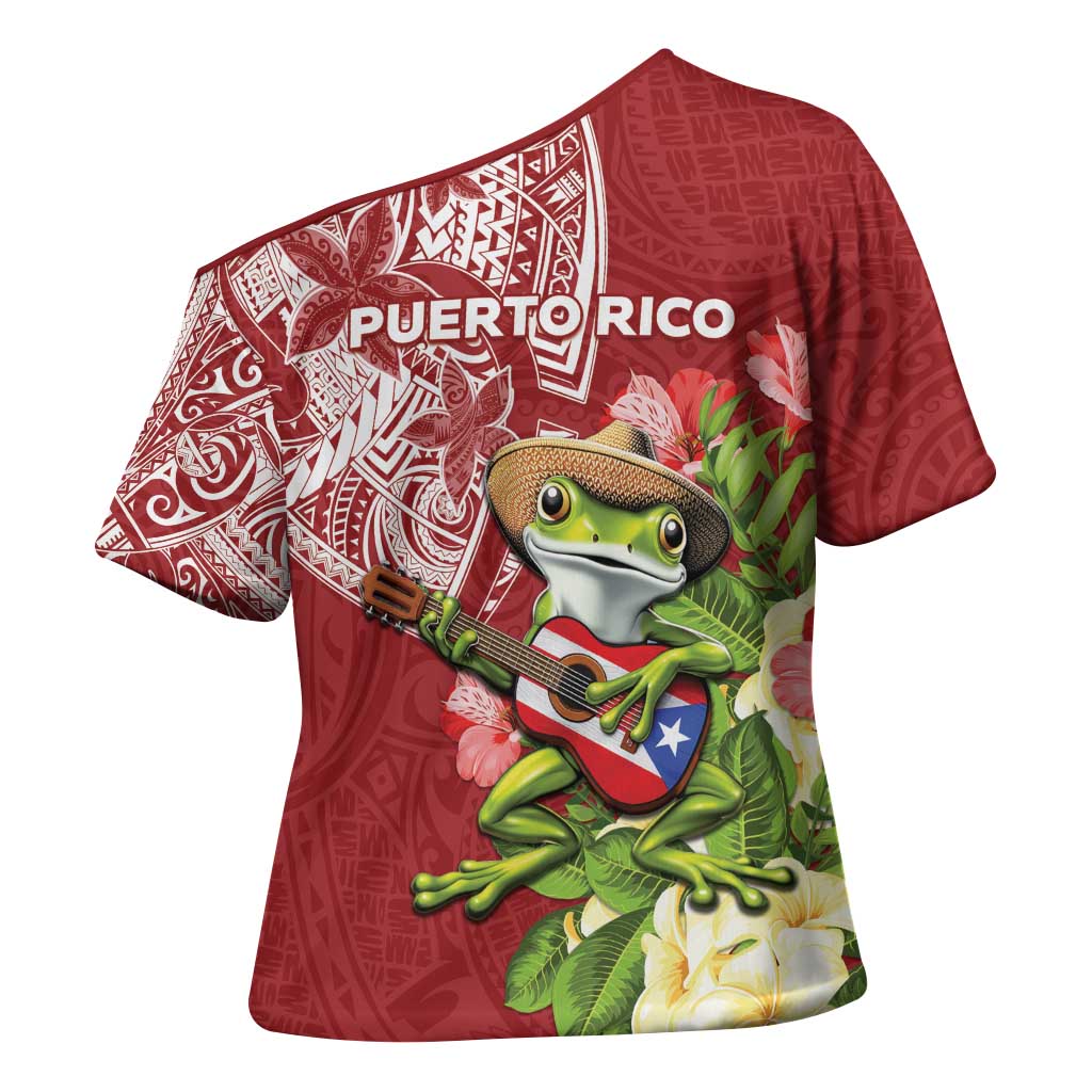 Puerto Rico Coqui Frog Cross Shoulder Shirt Tropical Flowers Polynesian Style LT05 - Polynesian Pride