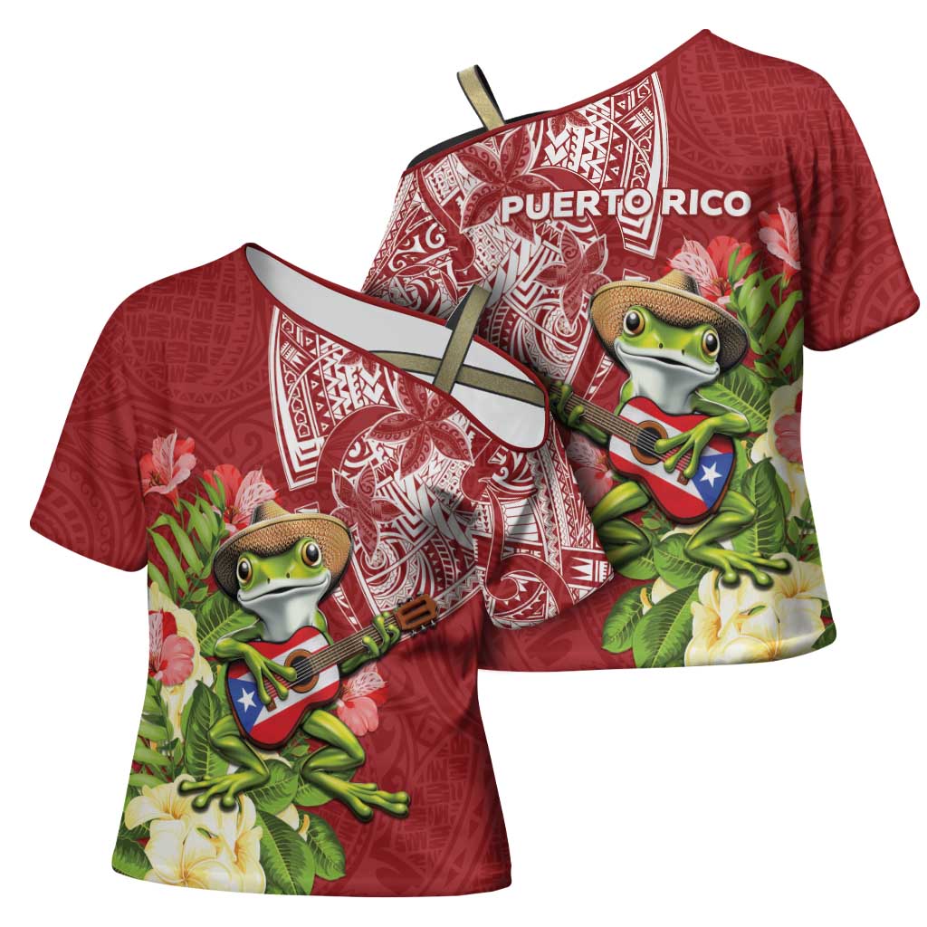 Puerto Rico Coqui Frog Cross Shoulder Shirt Tropical Flowers Polynesian Style LT05 - Polynesian Pride