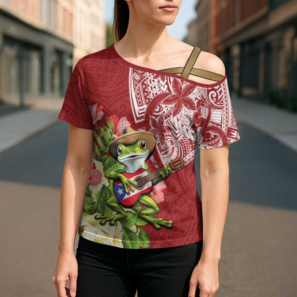 Puerto Rico Coqui Frog Cross Shoulder Shirt Tropical Flowers Polynesian Style LT05 - Polynesian Pride