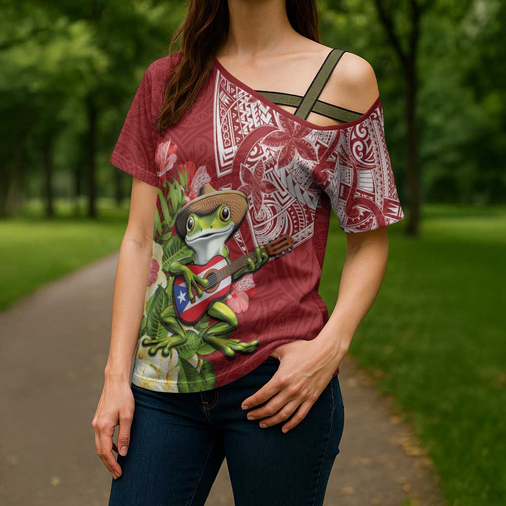 Puerto Rico Coqui Frog Cross Shoulder Shirt Tropical Flowers Polynesian Style LT05 - Polynesian Pride