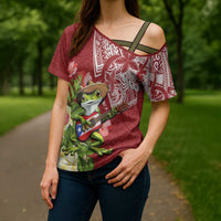 Puerto Rico Coqui Frog Cross Shoulder Shirt Tropical Flowers Polynesian Style LT05 - Polynesian Pride