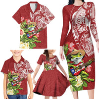 Puerto Rico Coqui Frog Family Matching Long Sleeve Bodycon Dress and Hawaiian Shirt Tropical Flowers Polynesian Style - Polynesian Pride