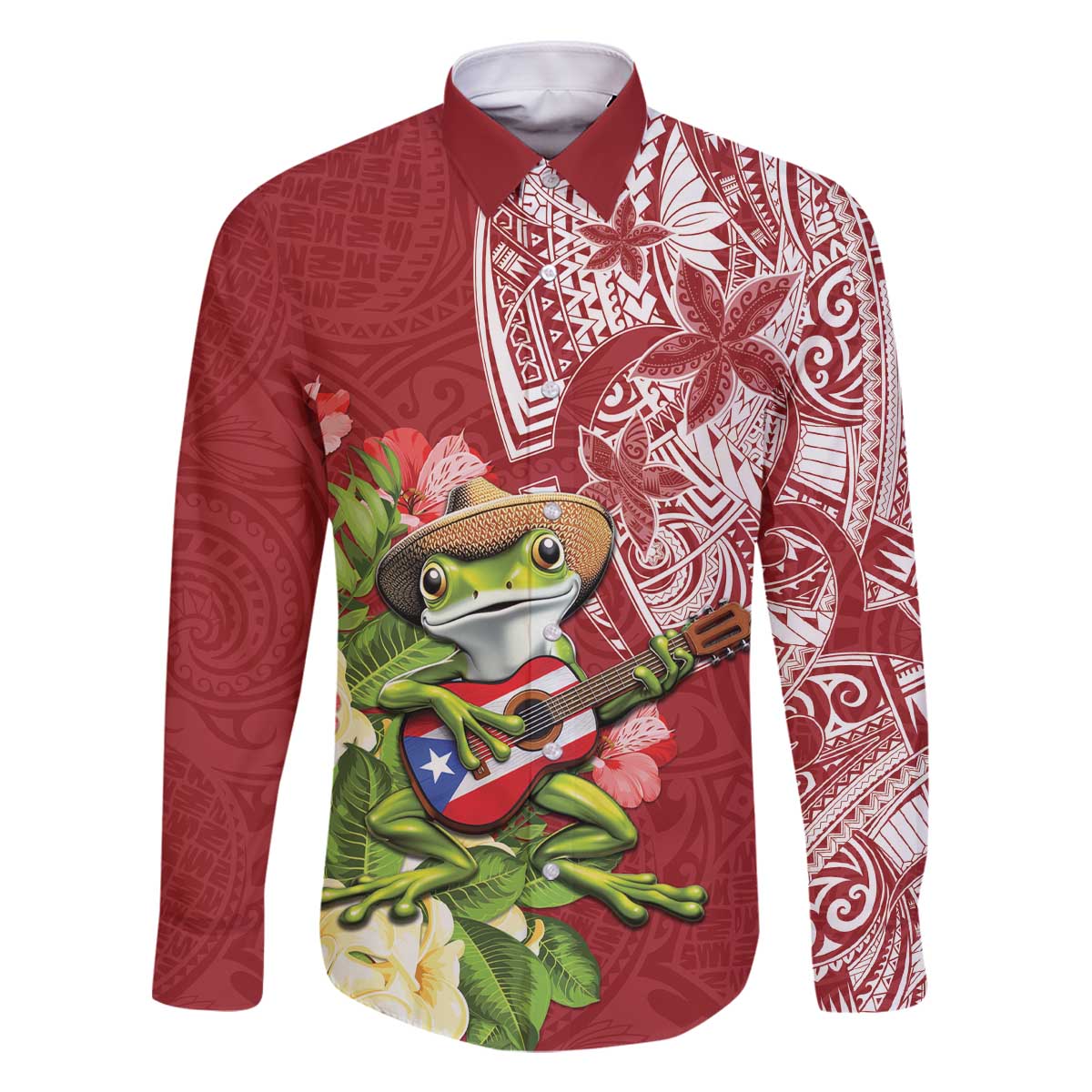 Puerto Rico Coqui Frog Family Matching Off The Shoulder Long Sleeve Dress and Hawaiian Shirt Tropical Flowers Polynesian Style - Polynesian Pride