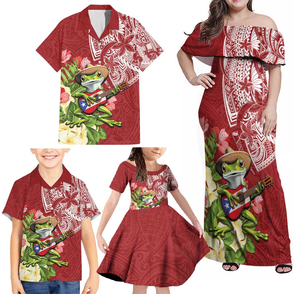 Puerto Rico Coqui Frog Family Matching Off Shoulder Maxi Dress and Hawaiian Shirt Tropical Flowers Polynesian Style - Polynesian Pride