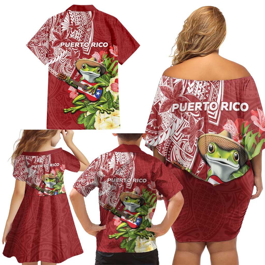 Puerto Rico Coqui Frog Family Matching Off Shoulder Short Dress and Hawaiian Shirt Tropical Flowers Polynesian Style - Polynesian Pride