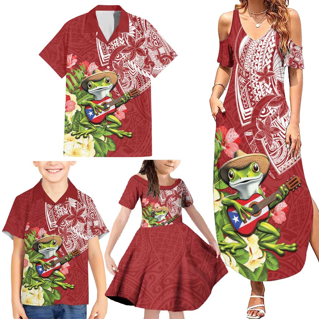 Puerto Rico Coqui Frog Family Matching Summer Maxi Dress and Hawaiian Shirt Tropical Flowers Polynesian Style - Polynesian Pride