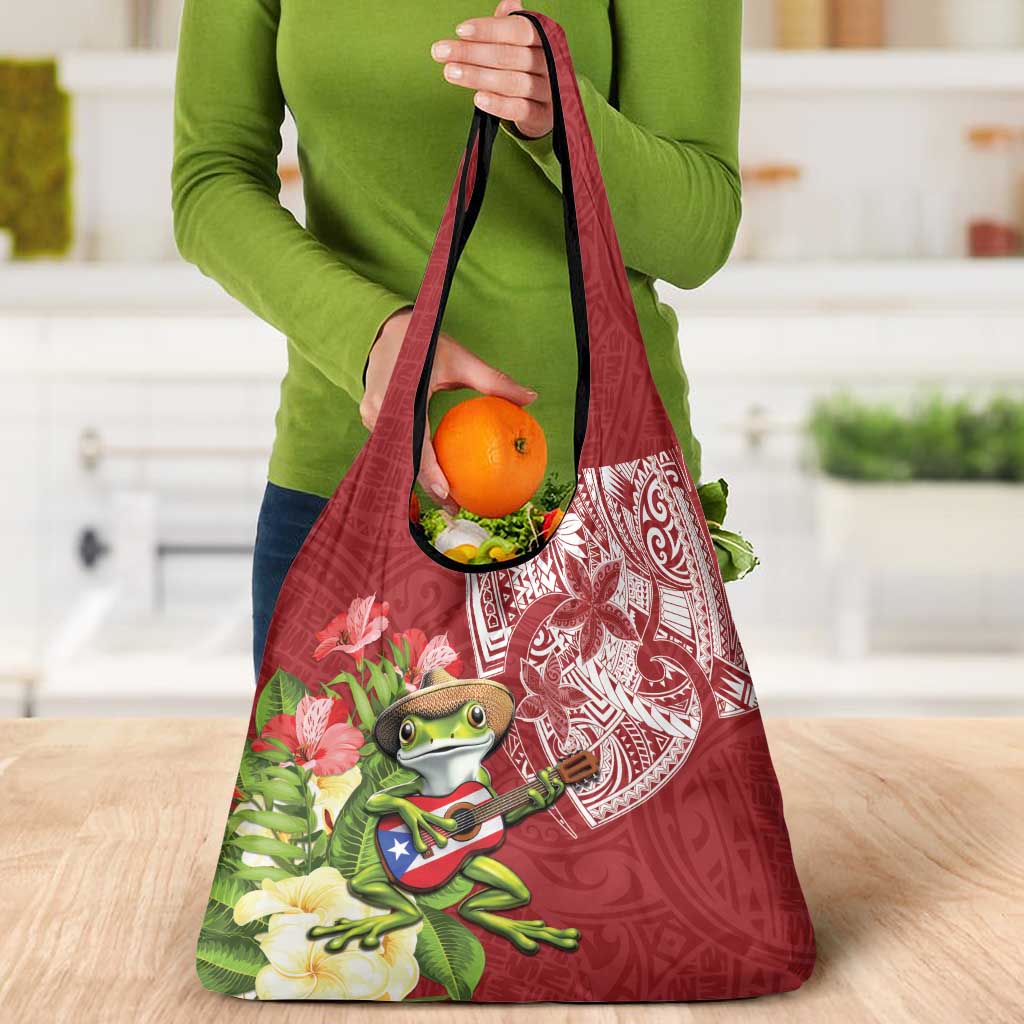 Puerto Rico Coqui Frog Grocery Bag Tropical Flowers Polynesian Style - Polynesian Pride