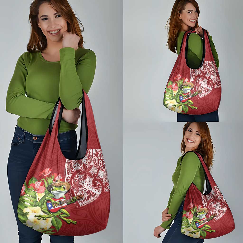 Puerto Rico Coqui Frog Grocery Bag Tropical Flowers Polynesian Style - Polynesian Pride