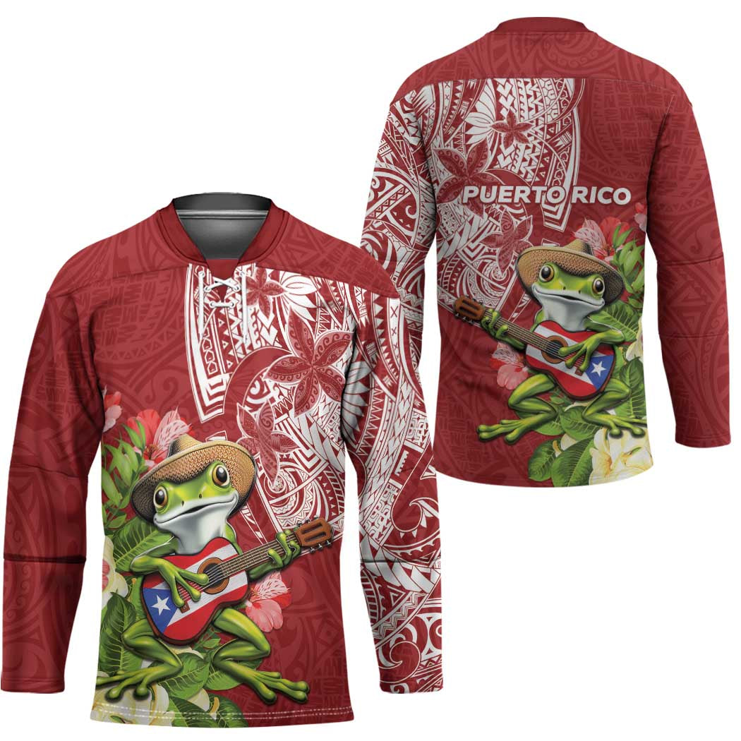 Puerto Rico Coqui Frog Hockey Jersey Tropical Flowers Polynesian Style - Polynesian Pride