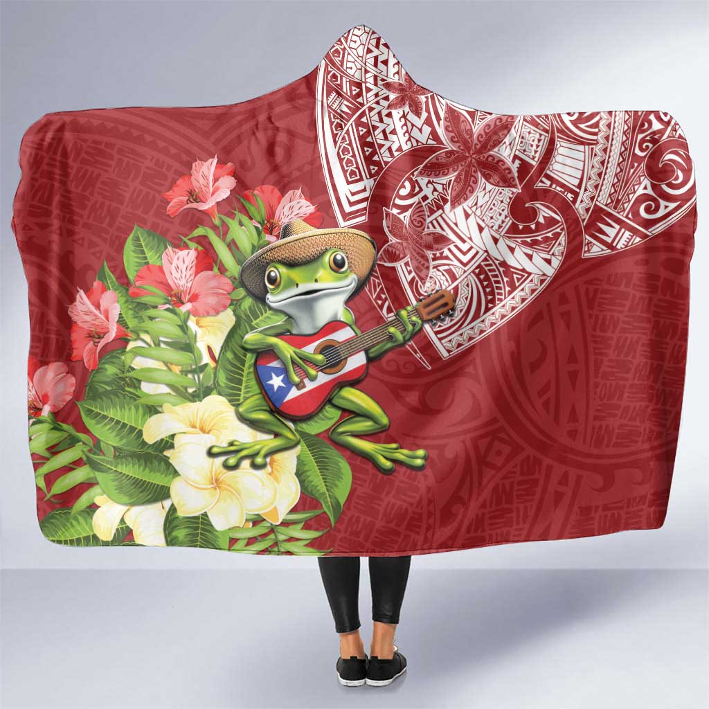Puerto Rico Coqui Frog Hooded Blanket Tropical Flowers Polynesian Style LT05 One Size Red - Polynesian Pride