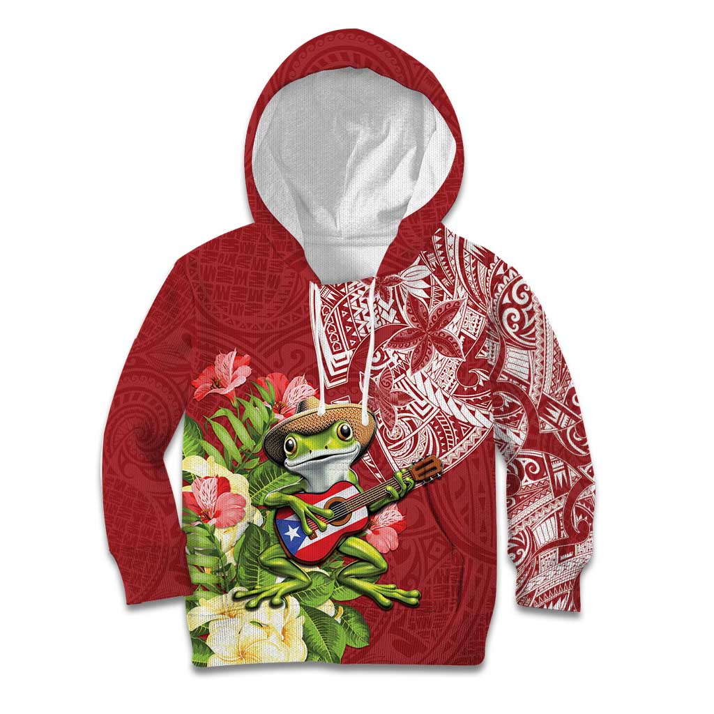 Puerto Rico Coqui Frog Kid Hoodie Tropical Flowers Polynesian Style - Polynesian Pride