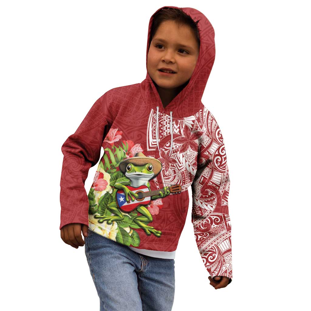 Puerto Rico Coqui Frog Kid Hoodie Tropical Flowers Polynesian Style - Polynesian Pride