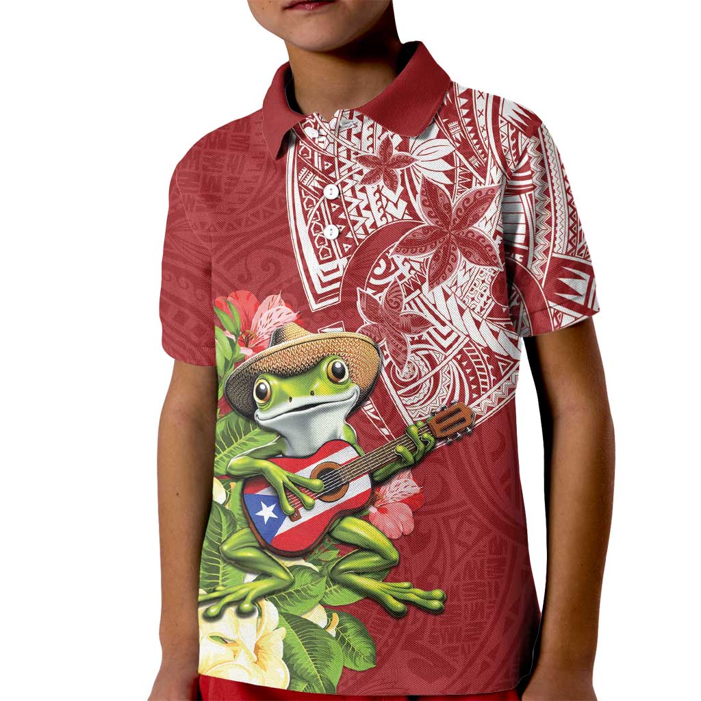 Puerto Rico Coqui Frog Kid Polo Shirt Tropical Flowers Polynesian Style LT05 Kid Red - Polynesian Pride