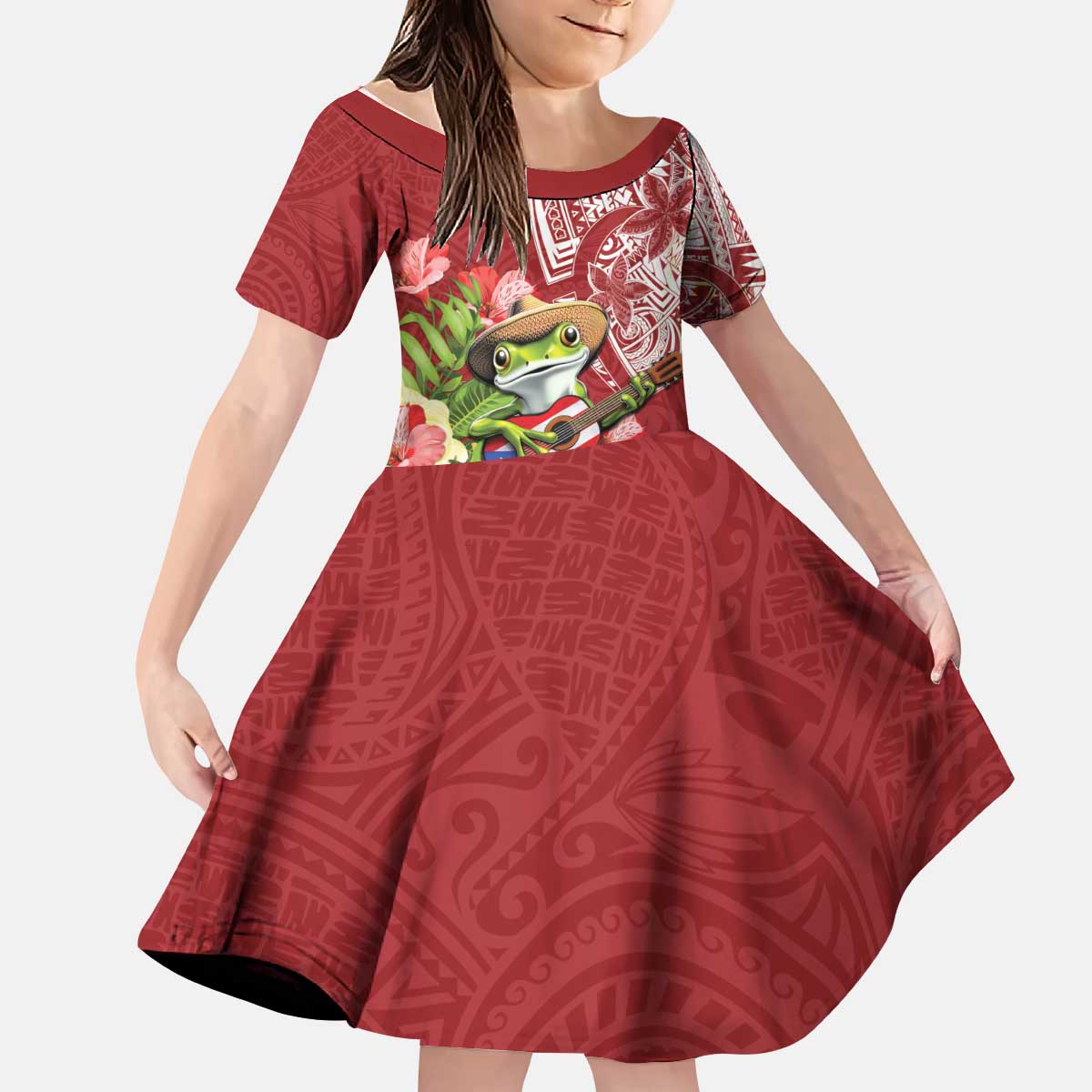 Puerto Rico Coqui Frog Kid Short Sleeve Dress Tropical Flowers Polynesian Style LT05 KID Red - Polynesian Pride