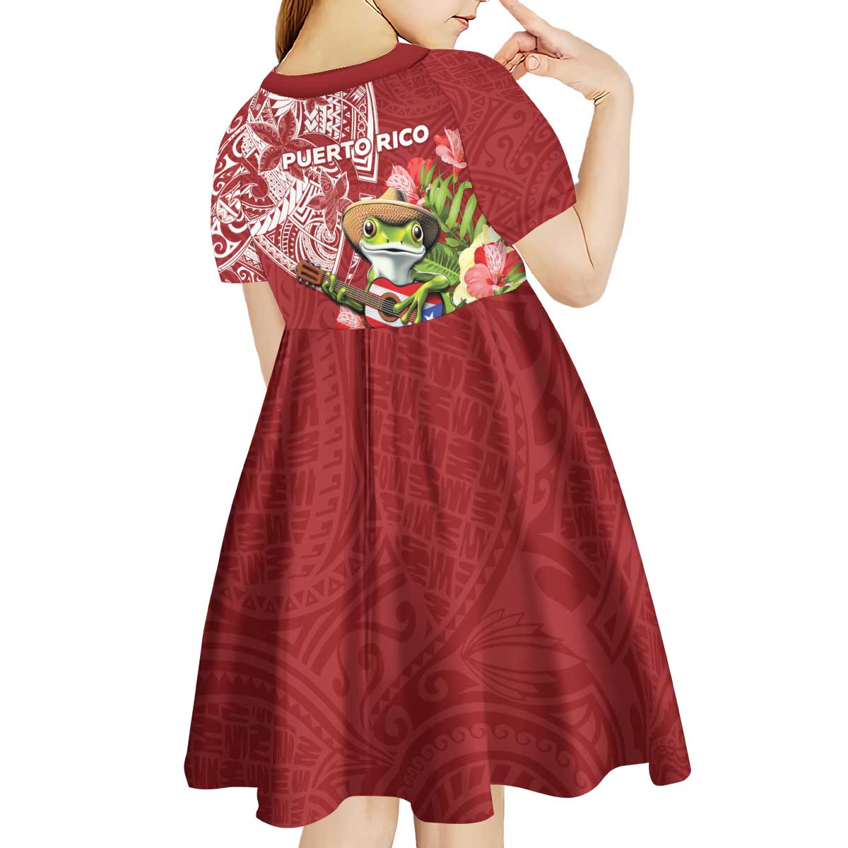 Puerto Rico Coqui Frog Kid Short Sleeve Dress Tropical Flowers Polynesian Style LT05 - Polynesian Pride