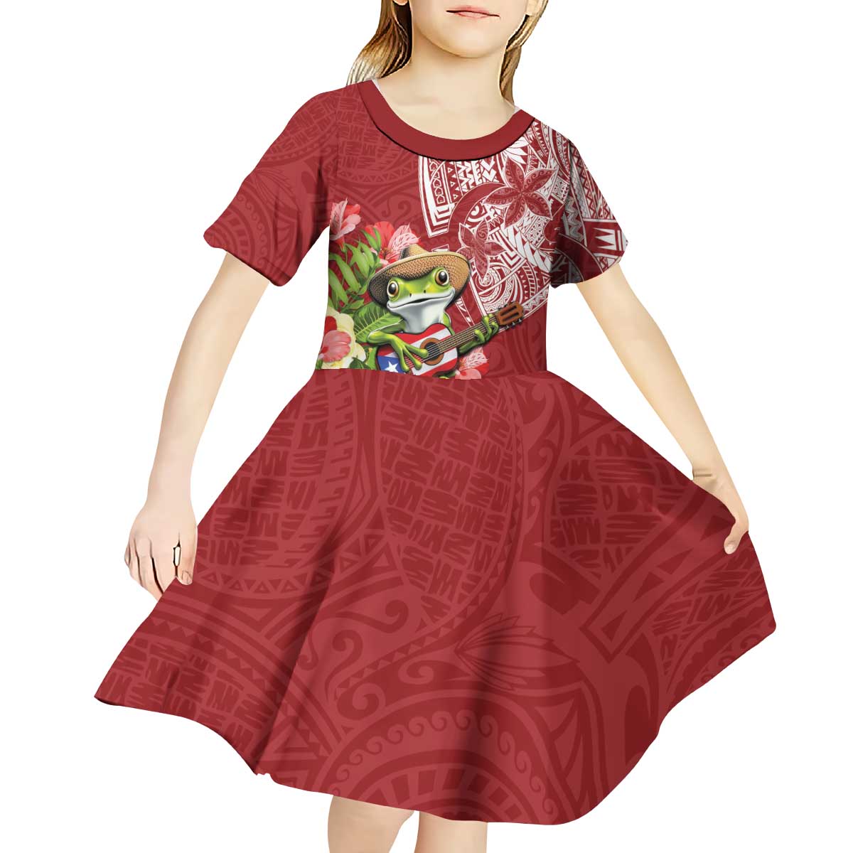 Puerto Rico Coqui Frog Kid Short Sleeve Dress Tropical Flowers Polynesian Style LT05 - Polynesian Pride