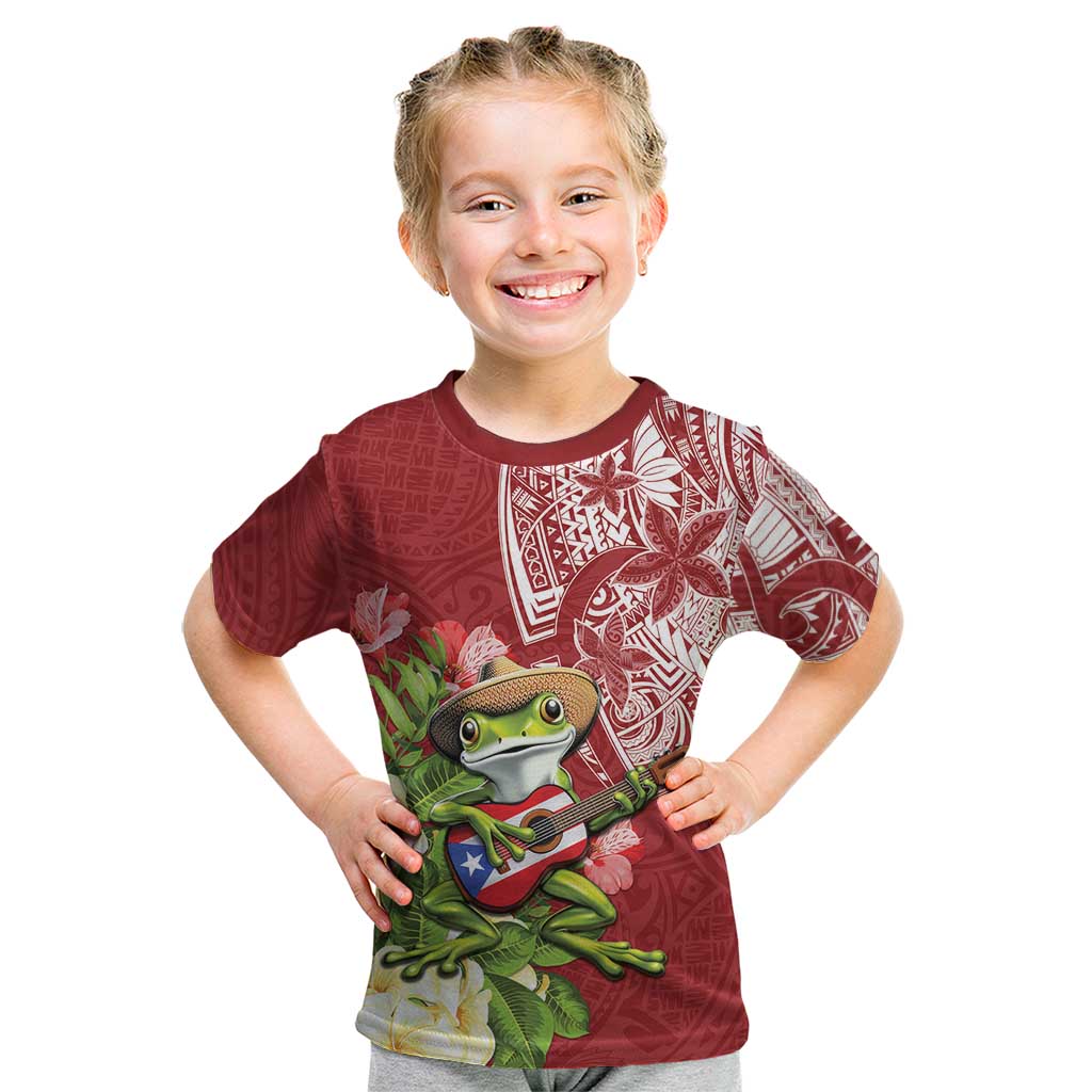 Puerto Rico Coqui Frog Kid T Shirt Tropical Flowers Polynesian Style - Polynesian Pride