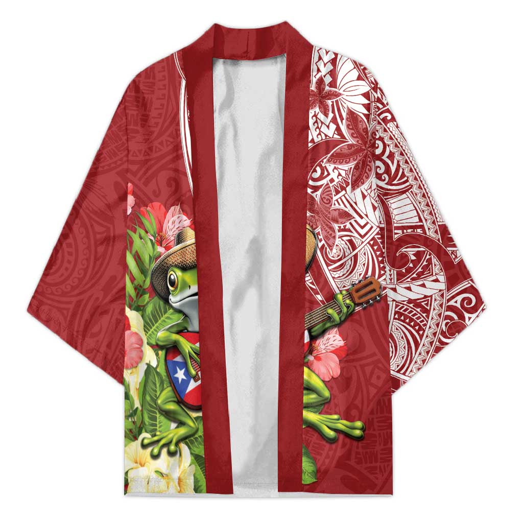 Puerto Rico Coqui Frog Kimono Tropical Flowers Polynesian Style LT05 Unisex Red - Polynesian Pride