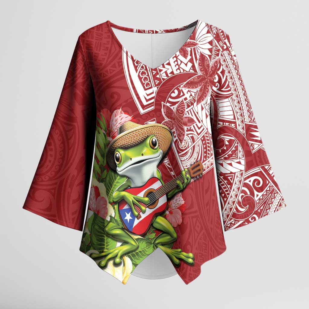 Puerto Rico Coqui Frog Kimono Sleeve Blouse Tropical Flowers Polynesian Style LT05 Female Red - Polynesian Pride