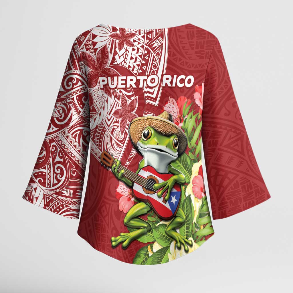Puerto Rico Coqui Frog Kimono Sleeve Blouse Tropical Flowers Polynesian Style LT05 - Polynesian Pride