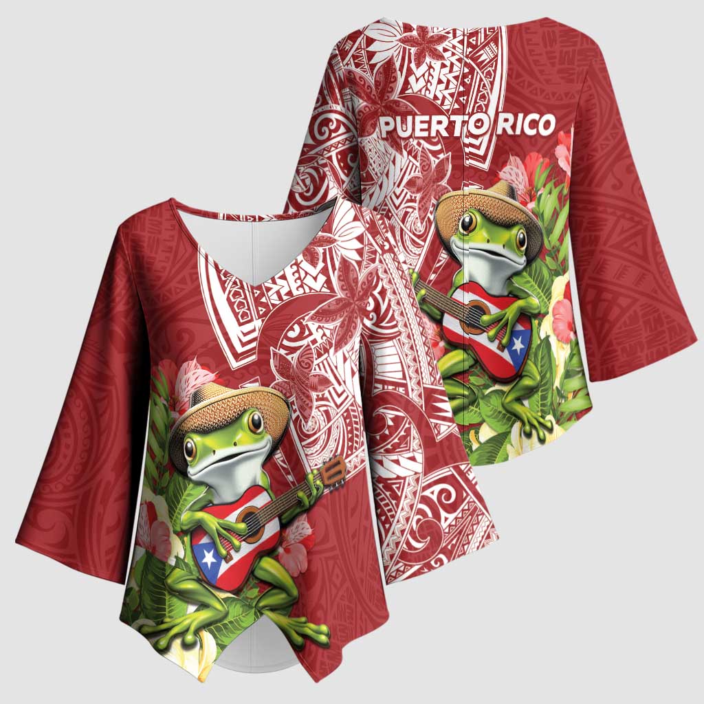 Puerto Rico Coqui Frog Kimono Sleeve Blouse Tropical Flowers Polynesian Style LT05 - Polynesian Pride