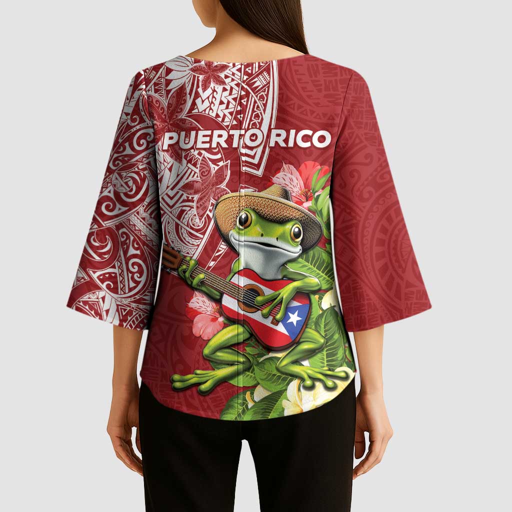 Puerto Rico Coqui Frog Kimono Sleeve Blouse Tropical Flowers Polynesian Style LT05 - Polynesian Pride