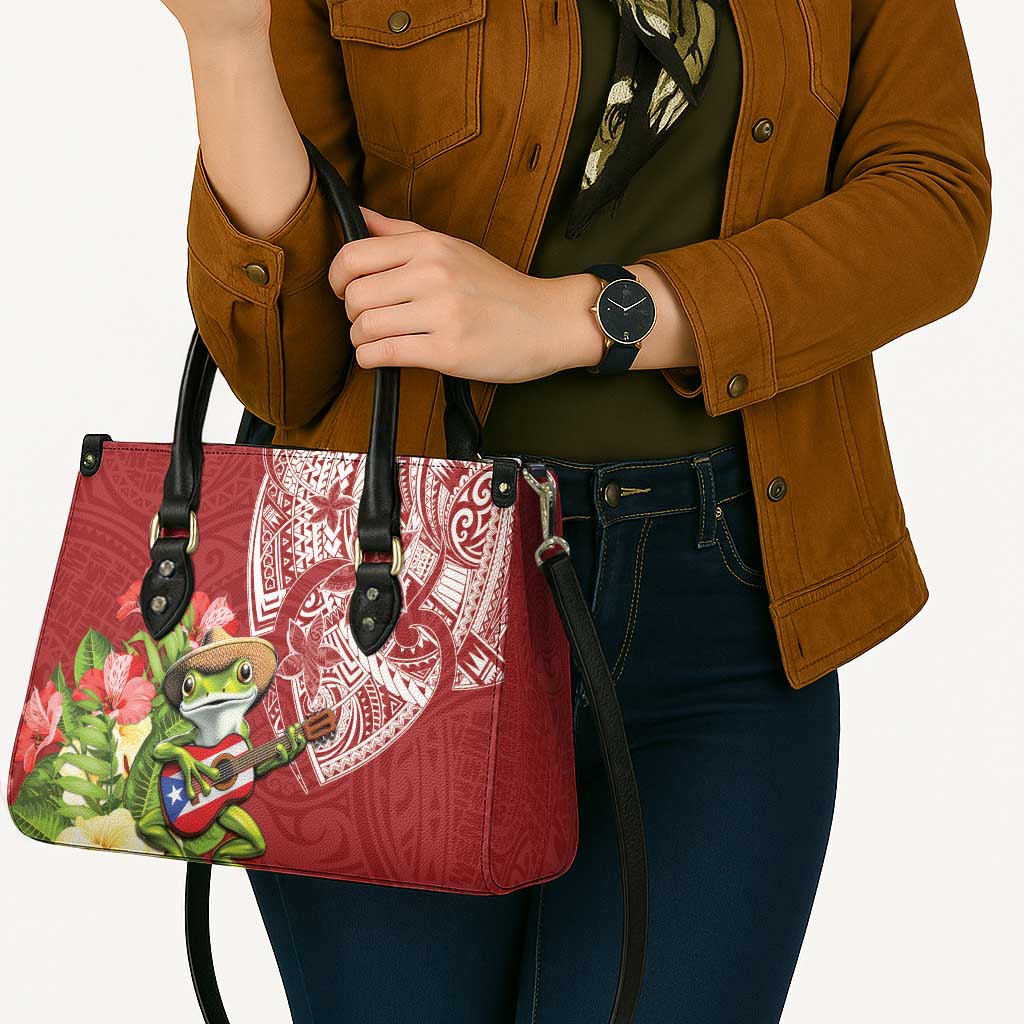 Puerto Rico Coqui Frog Leather Bag Tropical Flowers Polynesian Style - Polynesian Pride