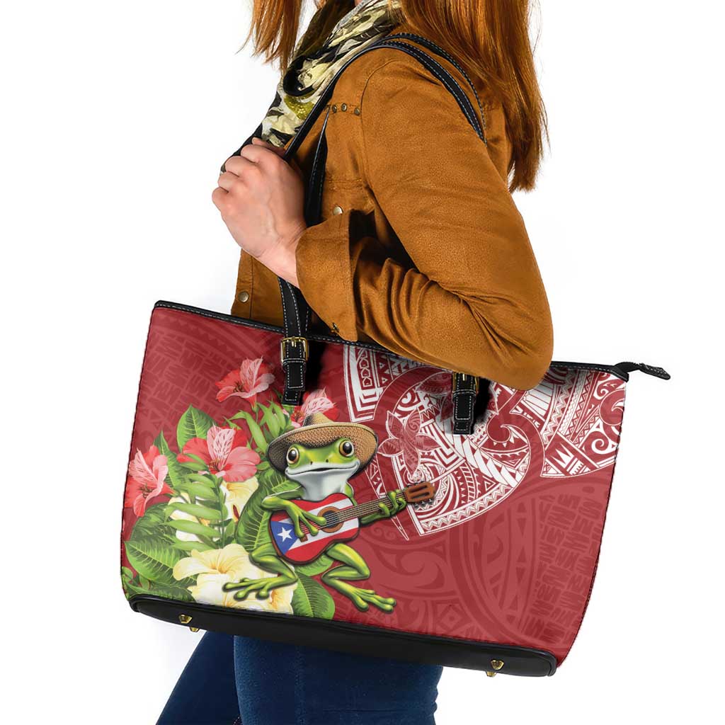 Puerto Rico Coqui Frog Leather Tote Bag Tropical Flowers Polynesian Style - Polynesian Pride