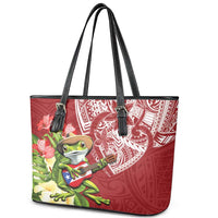 Puerto Rico Coqui Frog Leather Tote Bag Tropical Flowers Polynesian Style - Polynesian Pride