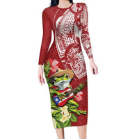 Puerto Rico Coqui Frog Long Sleeve Bodycon Dress Tropical Flowers Polynesian Style - Polynesian Pride