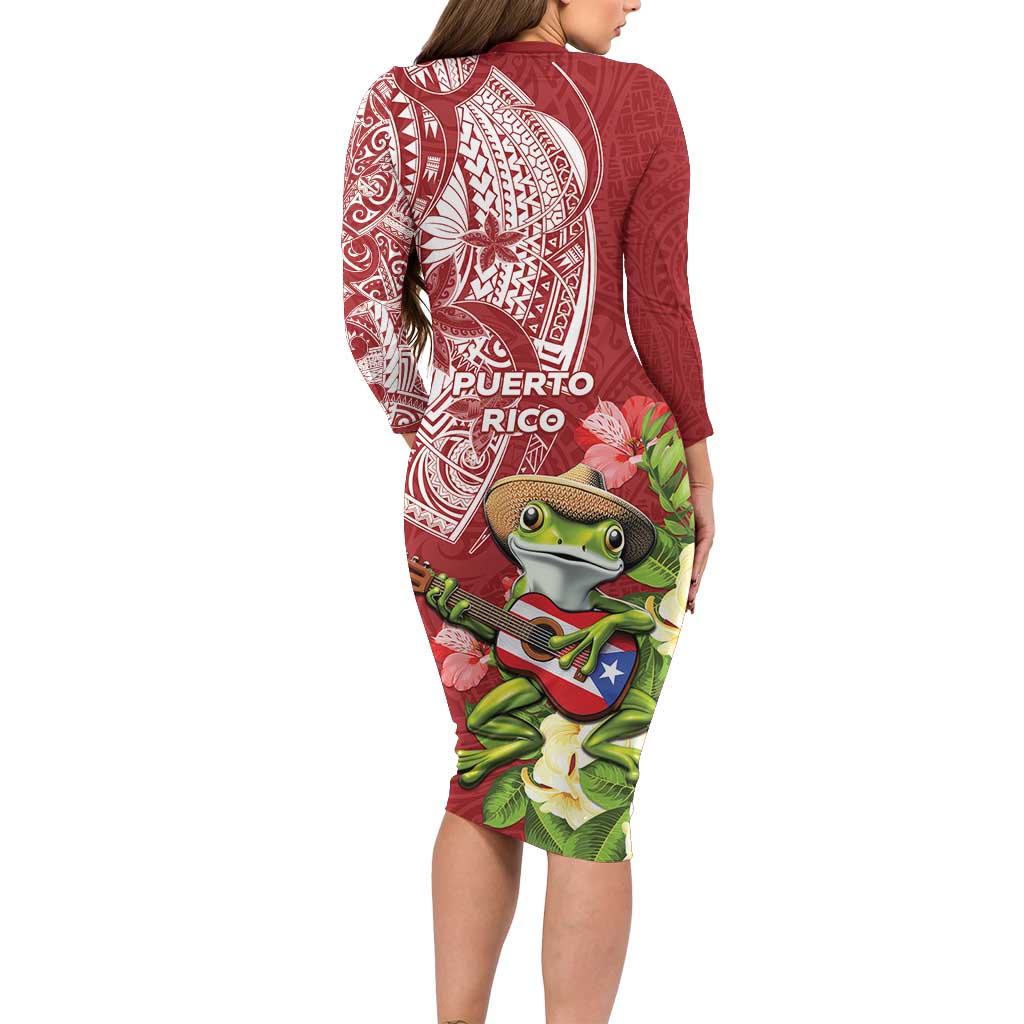 Puerto Rico Coqui Frog Long Sleeve Bodycon Dress Tropical Flowers Polynesian Style - Polynesian Pride