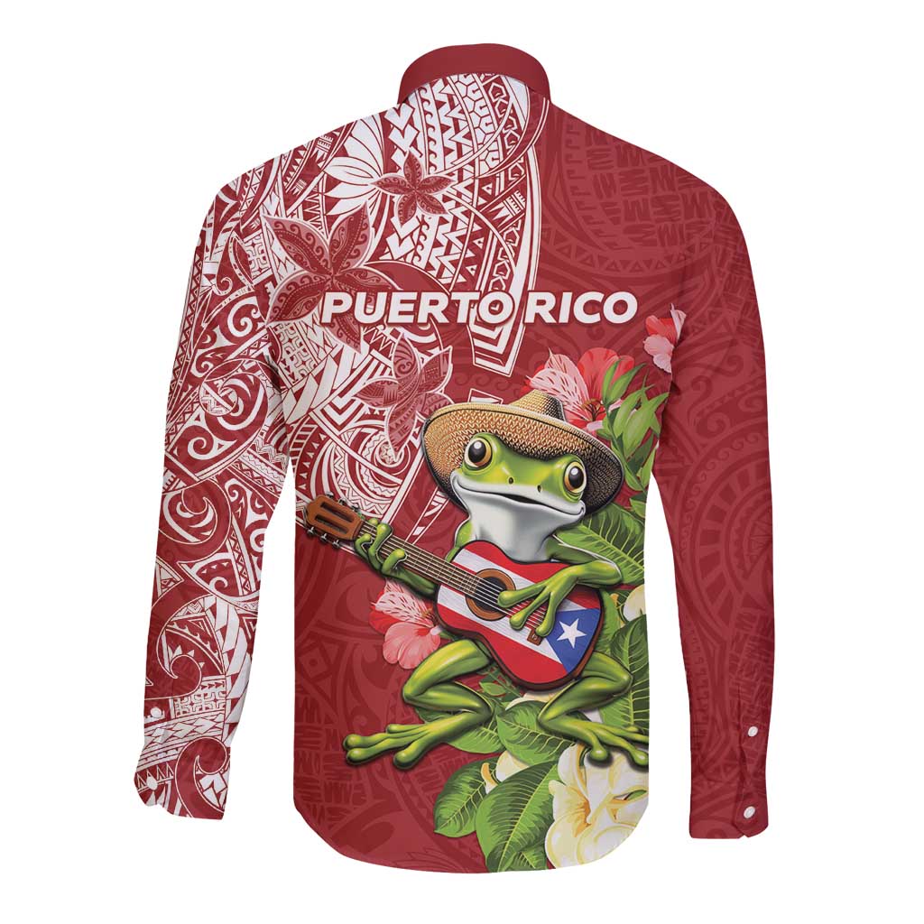 Puerto Rico Coqui Frog Long Sleeve Button Shirt Tropical Flowers Polynesian Style LT05 - Polynesian Pride
