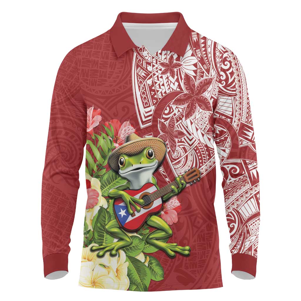 Puerto Rico Coqui Frog Long Sleeve Polo Shirt Tropical Flowers Polynesian Style LT05 Red - Polynesian Pride