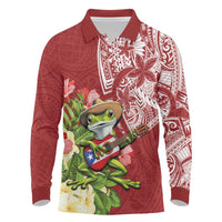 Puerto Rico Coqui Frog Long Sleeve Polo Shirt Tropical Flowers Polynesian Style LT05 Red - Polynesian Pride