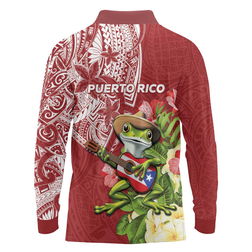 Puerto Rico Coqui Frog Long Sleeve Polo Shirt Tropical Flowers Polynesian Style LT05 - Polynesian Pride