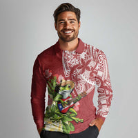 Puerto Rico Coqui Frog Long Sleeve Polo Shirt Tropical Flowers Polynesian Style LT05 - Polynesian Pride